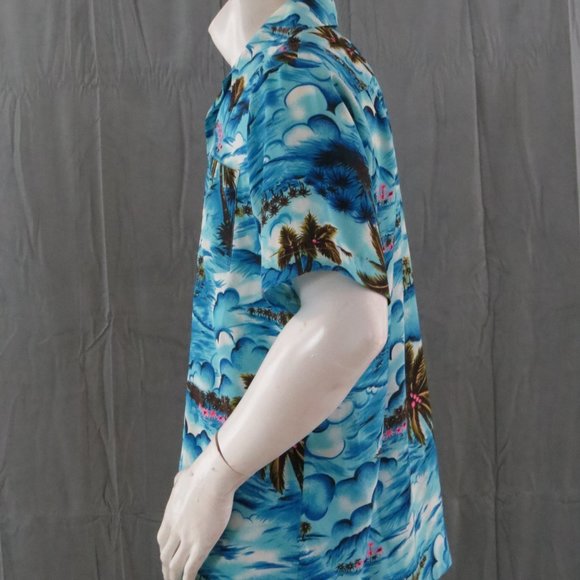 Vintage Hawaiian Aloha Shirt - Ocean Pattern with Neon Palm Trees - Men's Large - Picture 7 of 10